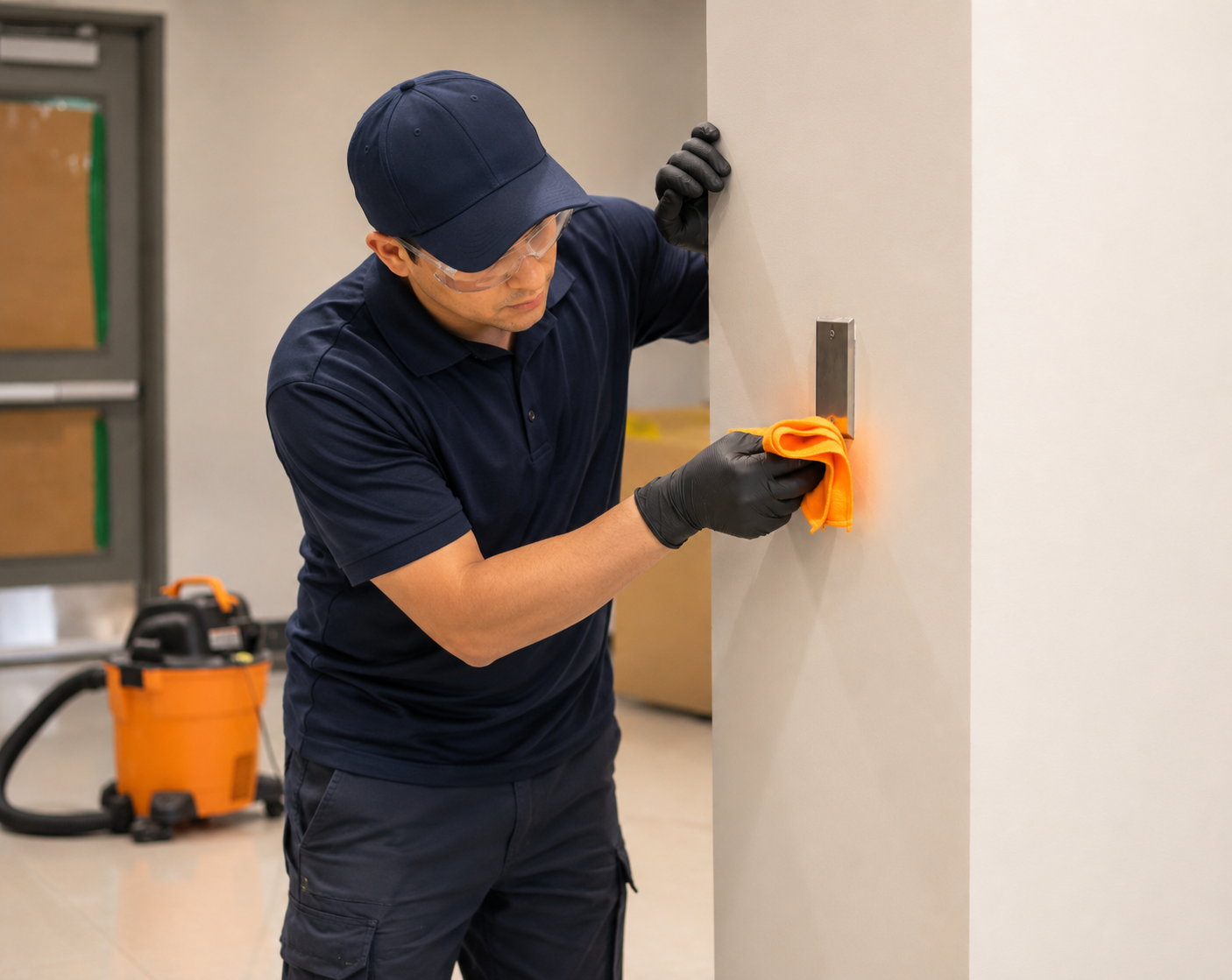 Désinfection des surfaces de contact et plaques de porte après construction par un technicien Présta Nett