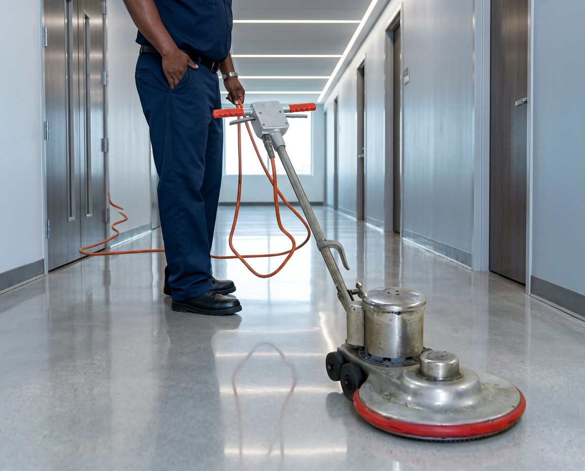 Technicien Présta Nett polissant un plancher de corridor commercial avec une polisseuse rotative