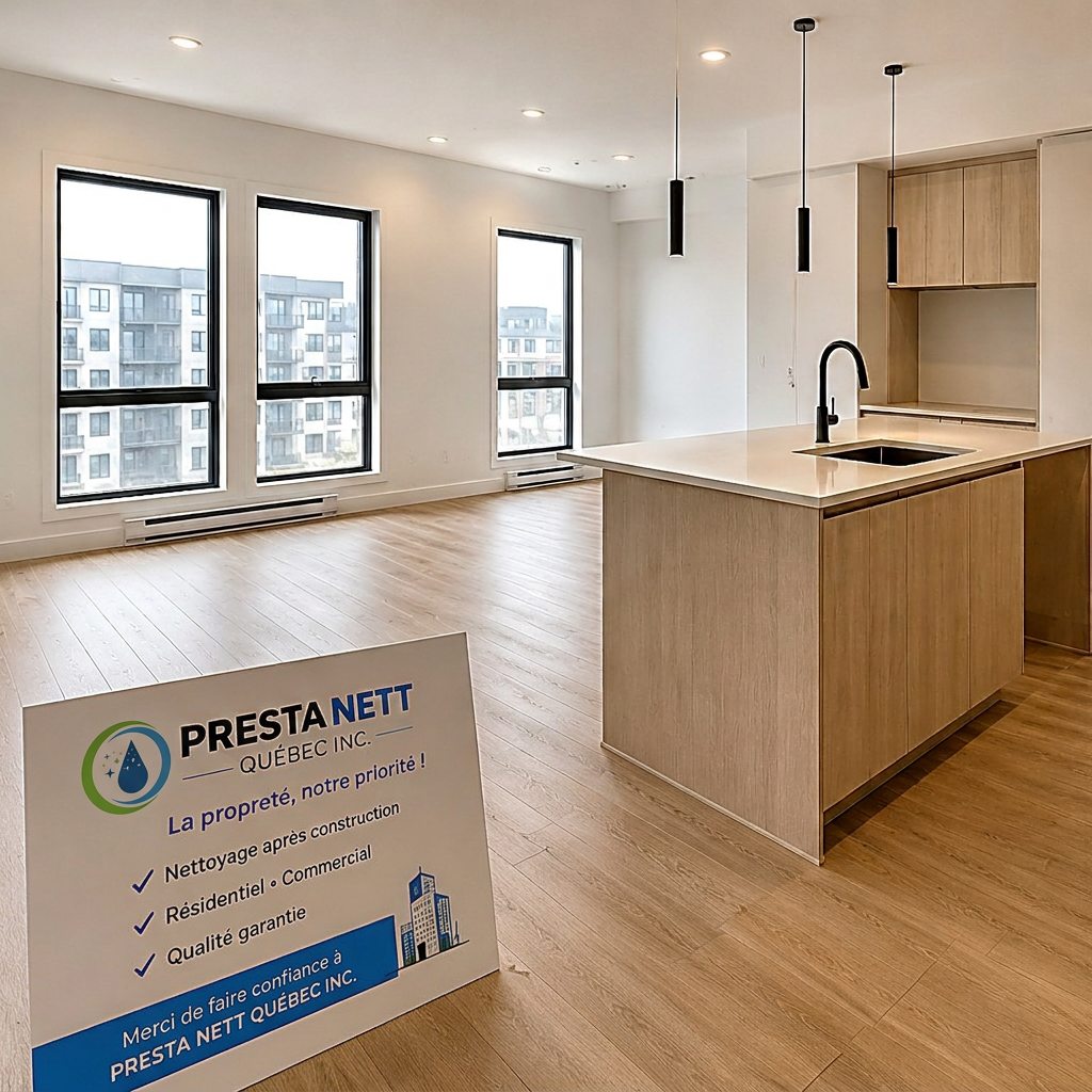 Immeuble livré impeccable par Présta Nett Québec avec pancarte de l'entreprise