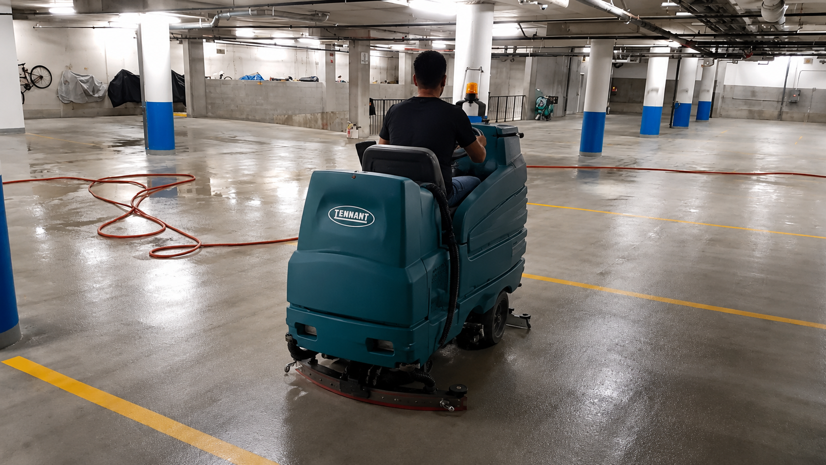 Nettoyage de plancher de stationnement souterrain avec autolaveuse Tennant