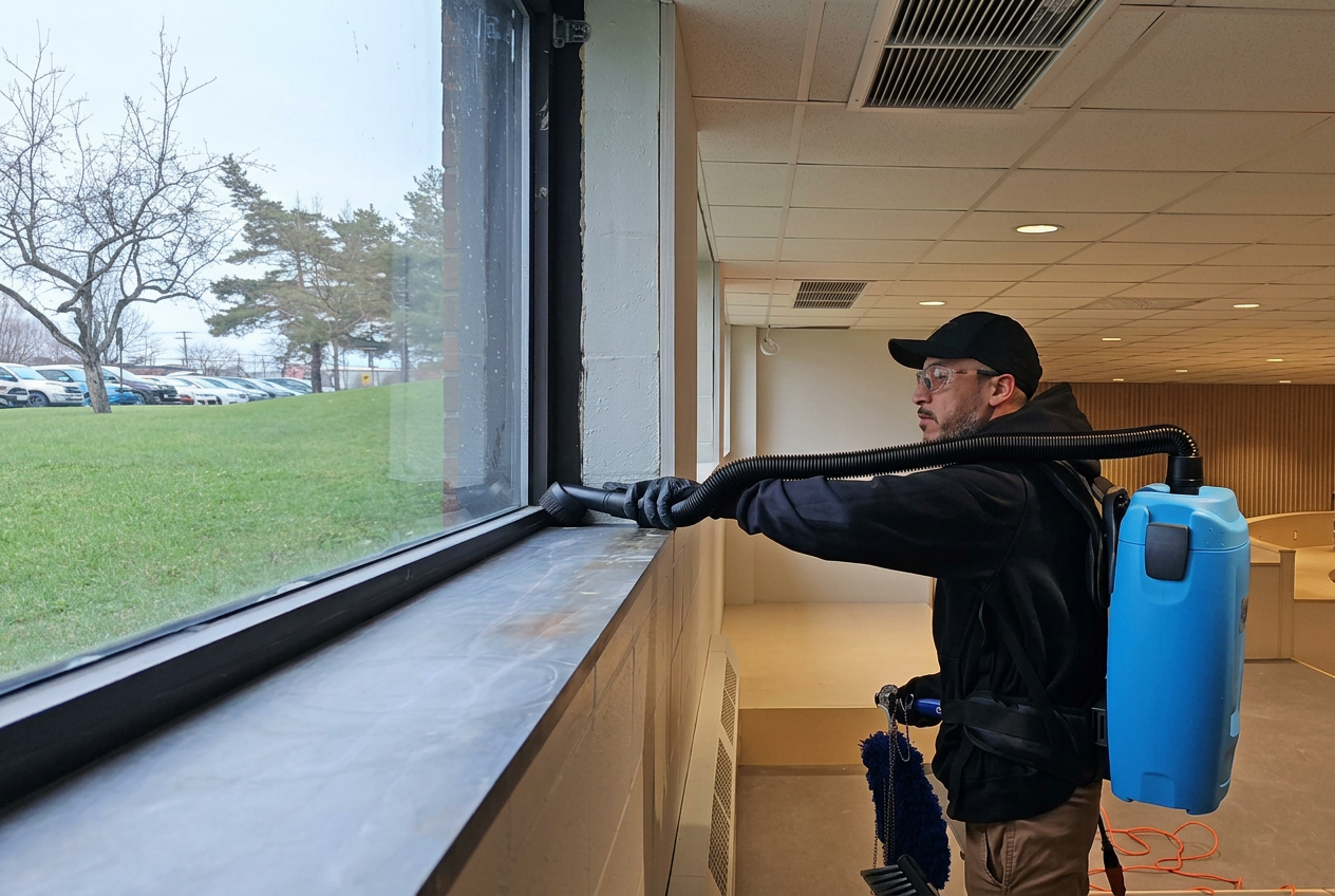 Technicien Présta Nett nettoyant un cadre de fenêtre après construction avec un aspirateur dorsal